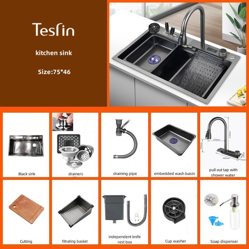 Tesrin YN-K003 Rectangular SUS304 Digital Display Waterfall Kitchen Sink