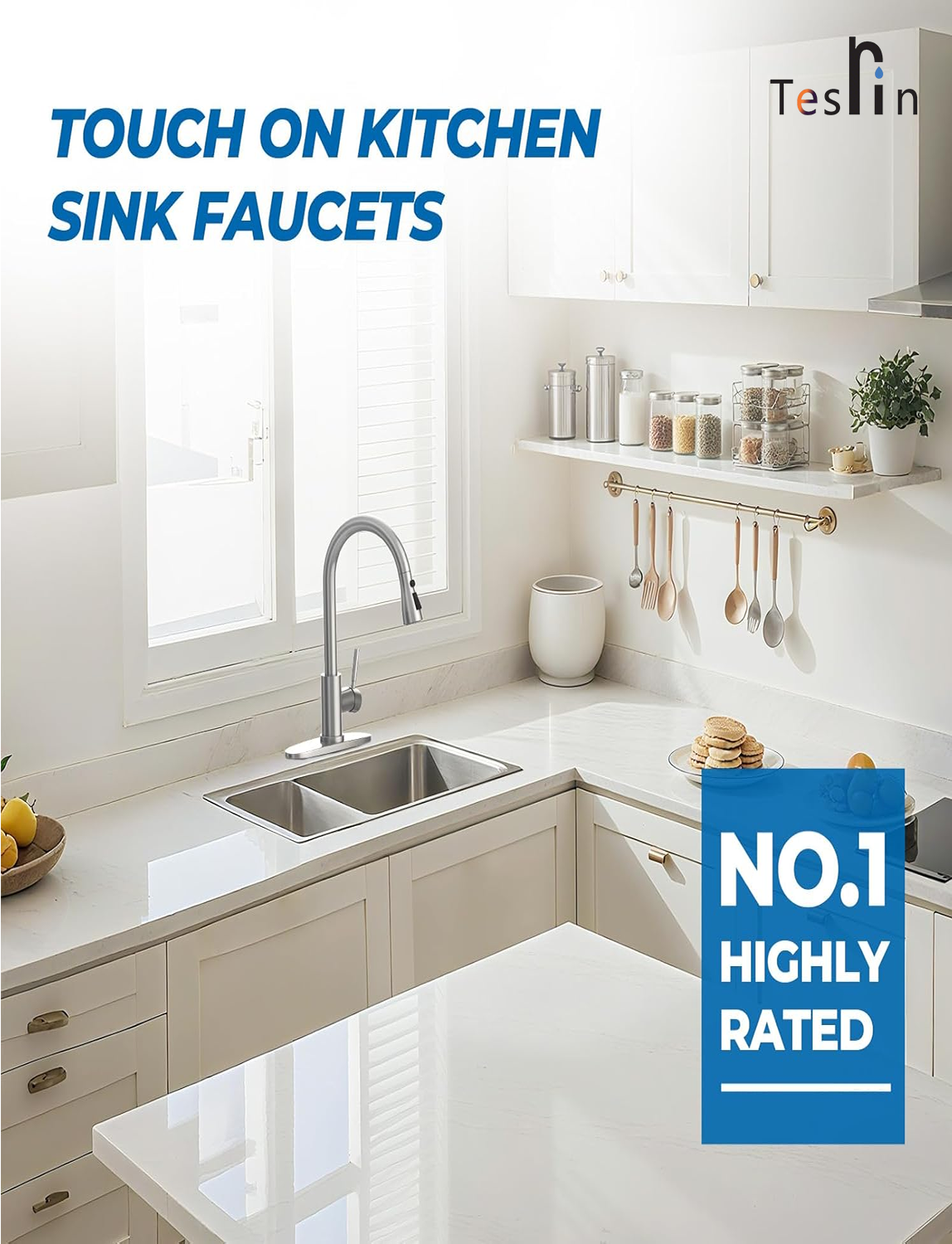Tesrin Single Handle High Arc Brushed Nickel Pull Out Kitchen Faucet