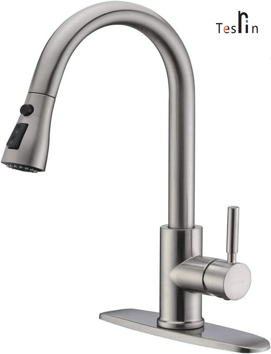 Tesrin Single Handle High Arc Brushed Nickel Pull Out Kitchen Faucet