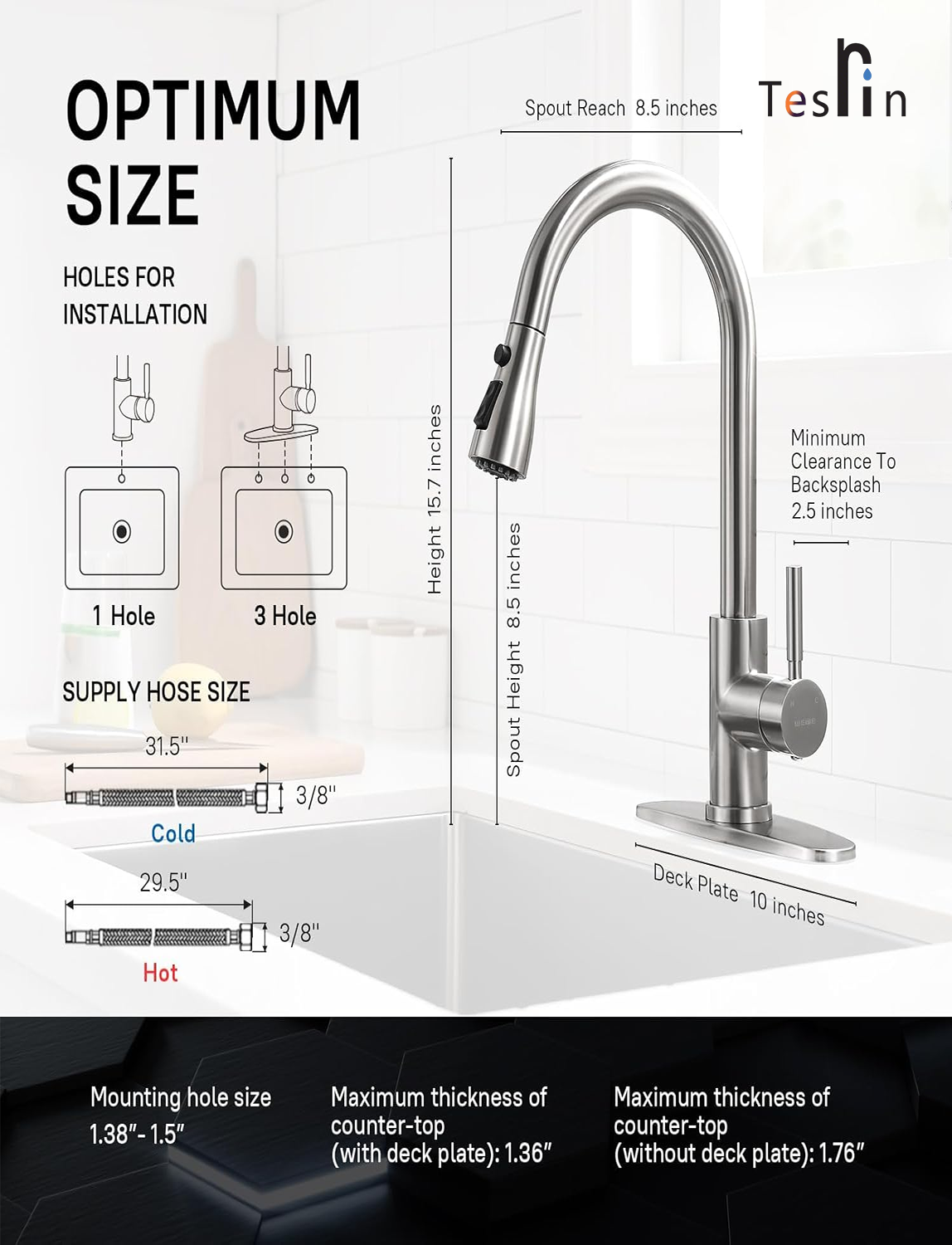 Tesrin Single Handle High Arc Brushed Nickel Pull Out Kitchen Faucet