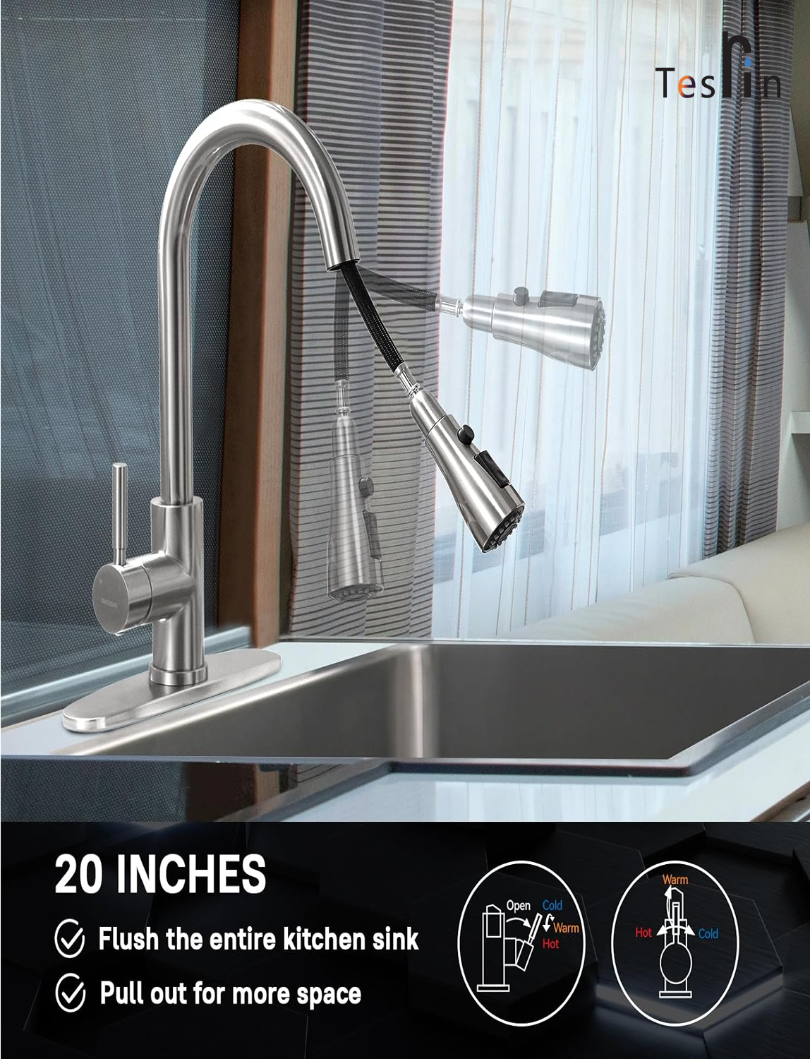 Tesrin Single Handle High Arc Brushed Nickel Pull Out Kitchen Faucet